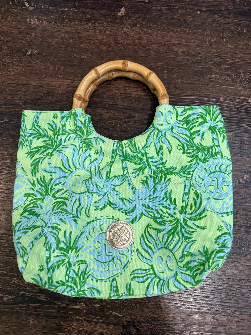 New Lilly Pulitzer Green and blue cool mint catching rays Bamboo Handle Tote